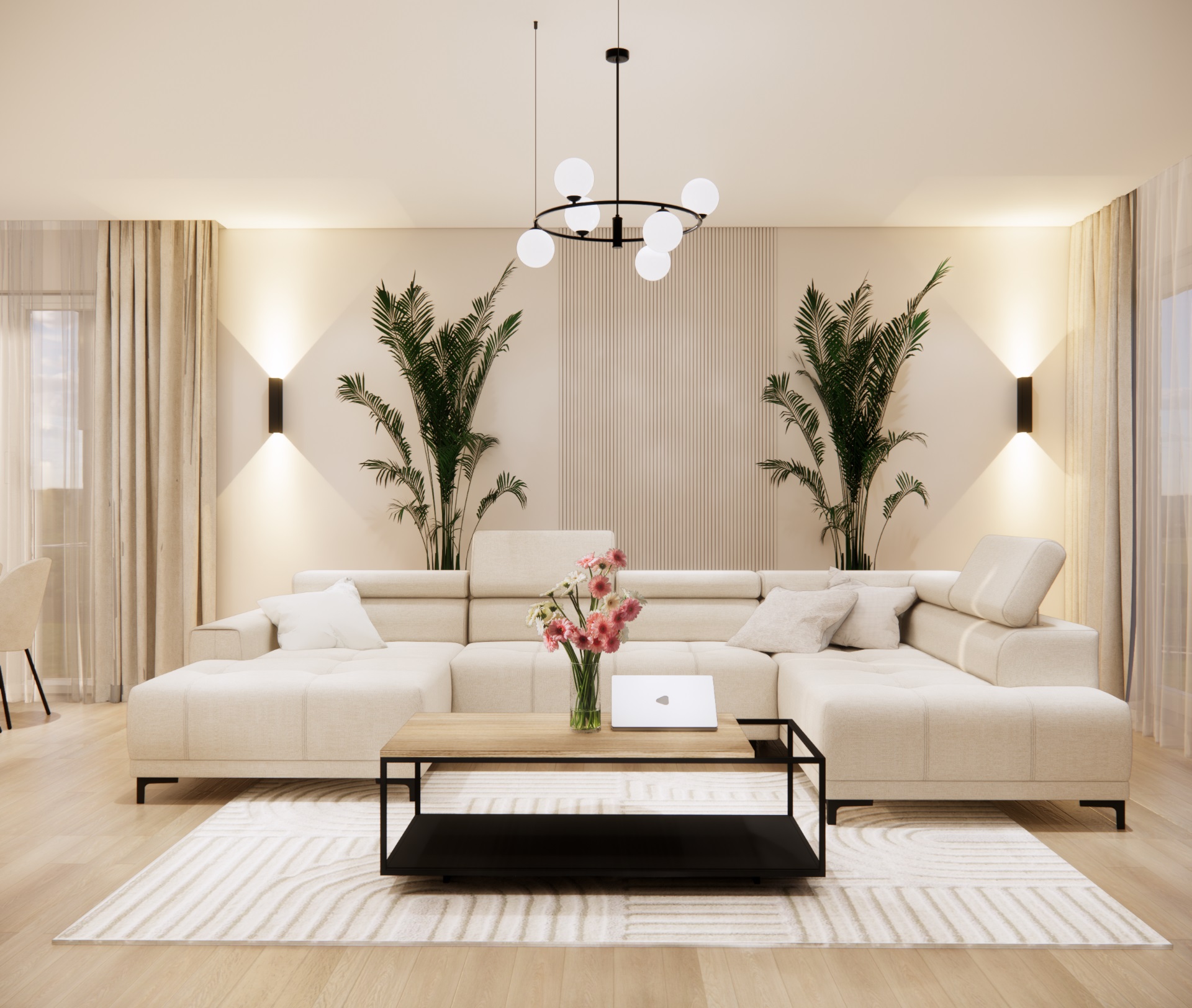 Nowoczesny salon z jasnym narożnikiem, stolikiem kawowym i dużymi roślinami w aranżacji wykonanej przez Fabrykę Projektów